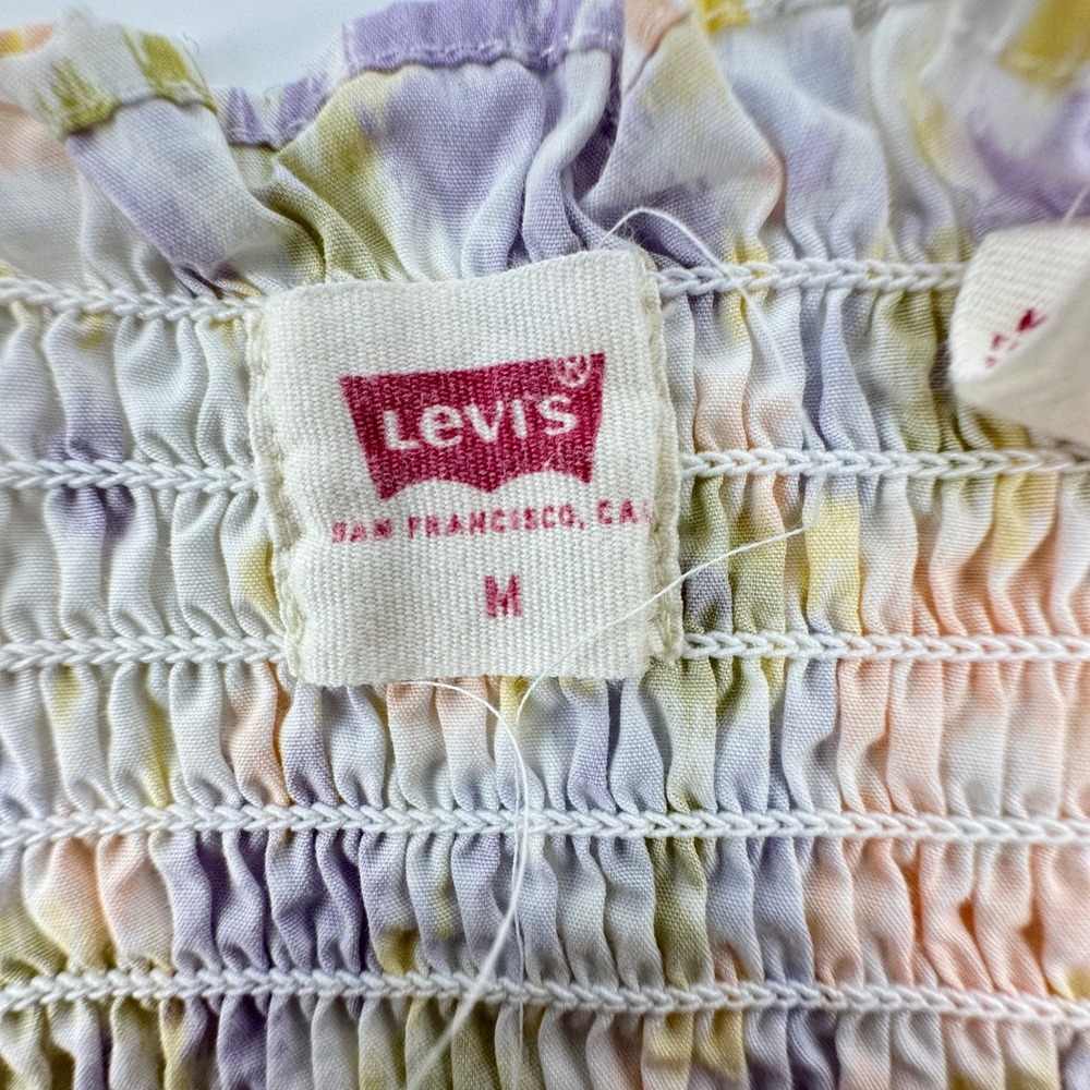 Levi's Smocked Floral Puff Sleeve Tiered Midi Dress M Yellow Purple Cottage Boho - Picture 3 of 10